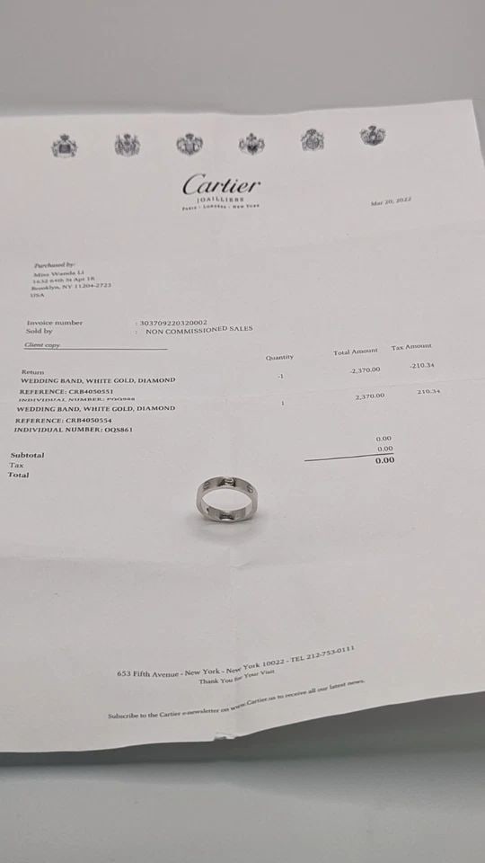 CARTIER LOVE WEDDING 4MM BAND 1 DIAMOND RING 18K WHITE GOLD - SIZE 53 / 6.25: Cartier Love Wedding Band 1 Diamond Ring 18K White Gold Ring Size - 53 / 6.25 Width - 4mm Total Weight - 5.4 Grams Diamond Size - 0.02 Carats Retail Price - $2530.00 + Tax Pouch & Proof of Purchase In