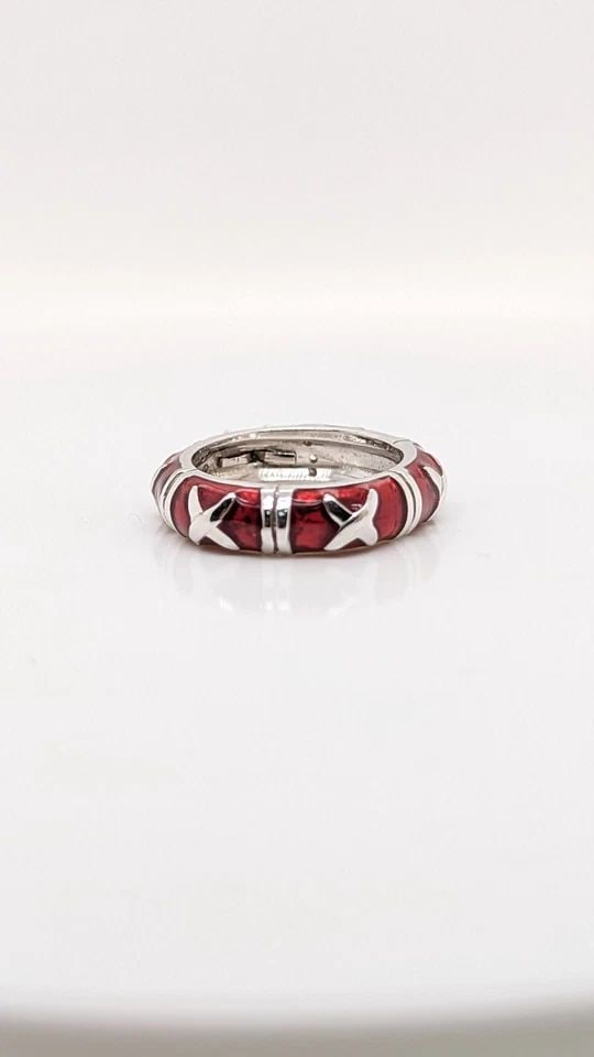 HIDALGO 18K WHITE GOLD DIAMOND X RED ENAMEL BAND RING - SIZE 5.25 (1 of 1)