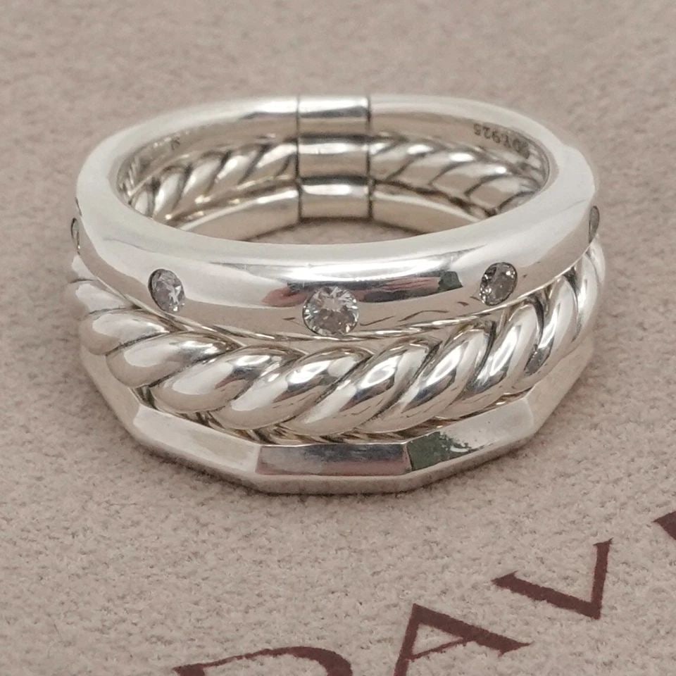 DAVID YURMAN STAX STERLING SILVER CABLE DIAMOND 9MM THREE ROW BAND RING SIZE 5.5: David Yurman Stax Collection Sterling Silver Diamond Three Row Band Ring Size - 5.5 Front Band Width - 9mm Base Band Width - 5.5mm Est. Retail - $750 USD + Tax Total Weight - 7.9 Grams Very Great & Pr