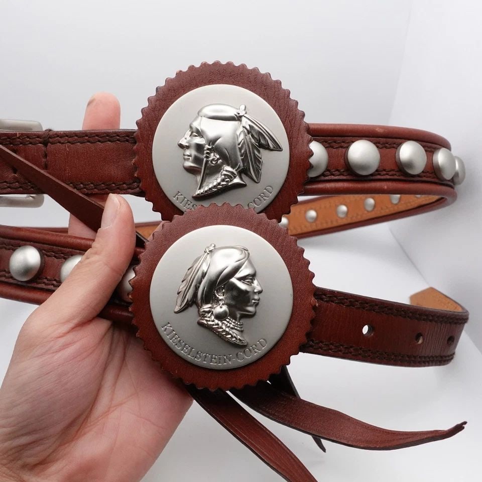 ITALY KIESELSTEIN-CORD NATIVE AMERICAN STUDDED BROWN LEATHER BELT SZ MEDIUM 39" (1 of 2)