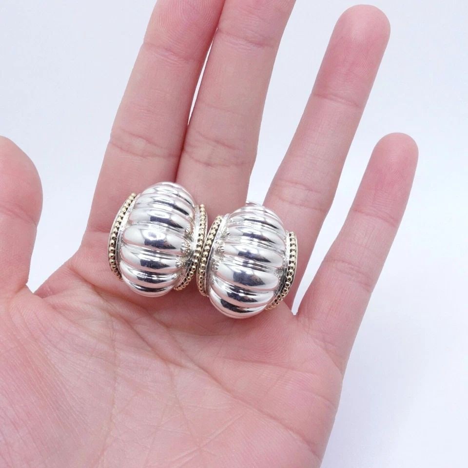 LAGOS CAVIAR STERLING SILVER 18K YELLOW GOLD FLUTED SHRIMP OMEGA BACK EARRINGS (1 of 1)