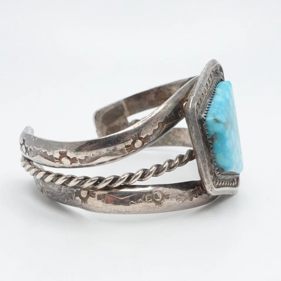 STERLING SILVER ASYMMETRICAL TURQUOISE NAVAJO CUFF BRACELET 5.75" WRIST (1 of 1)