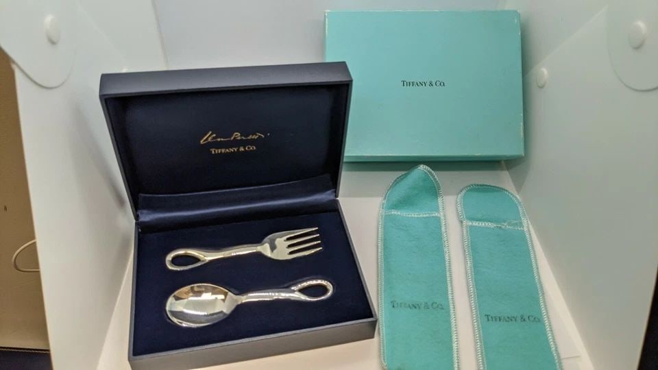 1984 TIFFANY & CO. ELSA PERETTI PADOVA BABY FORK & SPOON SET - BOX & POUCH: 1984 Tiffany & Co. Elsa Peretti Padova Fork and Spoon Baby Set Total Weight - 1.765 Ozt Excellent Condition & Never Been Used Original Box & Pouch Included Little Tarnish From over the Year But Overal