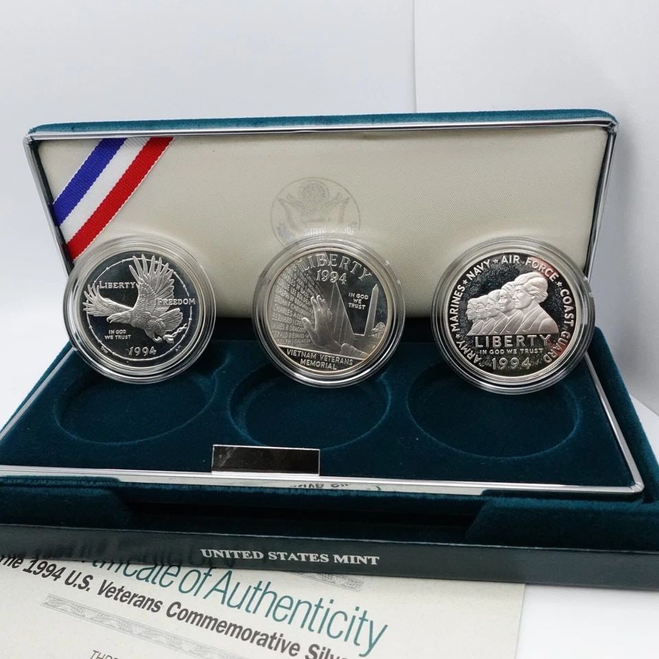 1994 P U.S MINT VETERANS COMMEMORATIVE SILVER 3 COINS PROOF SET OGP COA #25 (1 of 2)