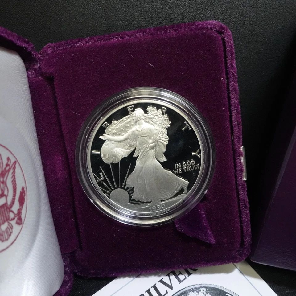 1990 S U.S MINT AMERICAN EAGLE 1 OZ SILVER PROOF DOLLAR COA & BOX #Q1 (1 of 2)