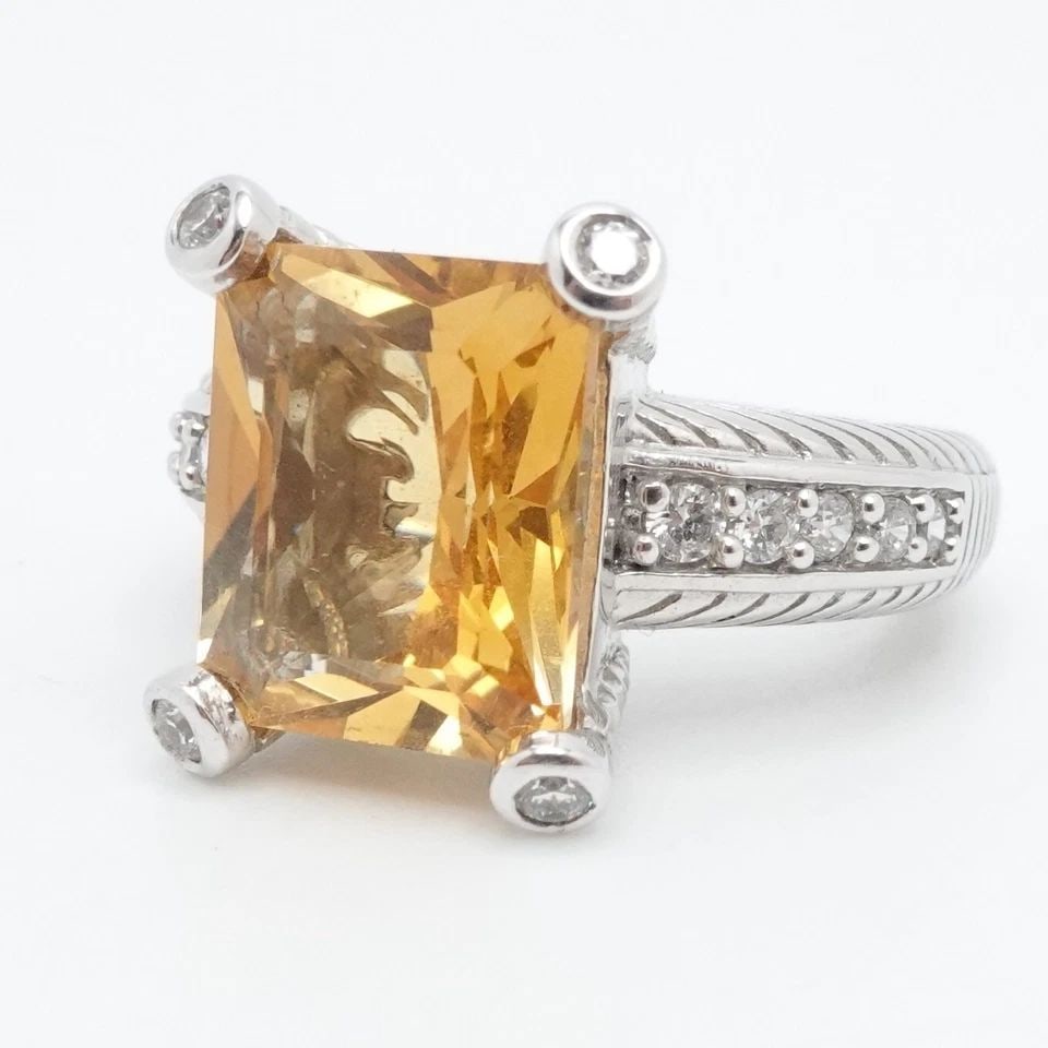 JUDITH RIPKA STERLING SILVER CITRINE CLEAR CUBIC ZIRCONIA COCKTAIL RING 6.25: JUDITH RIPKA STERLING SILVER CITRINE CLEAR CUBIC ZIRCONIA COCKTAIL RING 6.25 Judith Ripka Sterling Silver Citrine Gemstone & Clear Cubic Zirconia Prong Cocktail Ring Size - 6.25 Band Width - 3mm Gemst