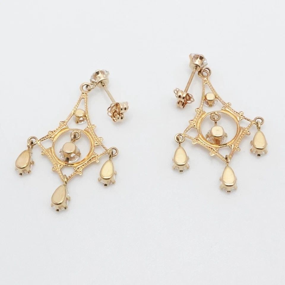 JCM 14K YELLOW GOLD CLEAR CUBIC ZIRCONIA FILIGREE CHANDELIER EARRINGS 1.25" (1 of 2)