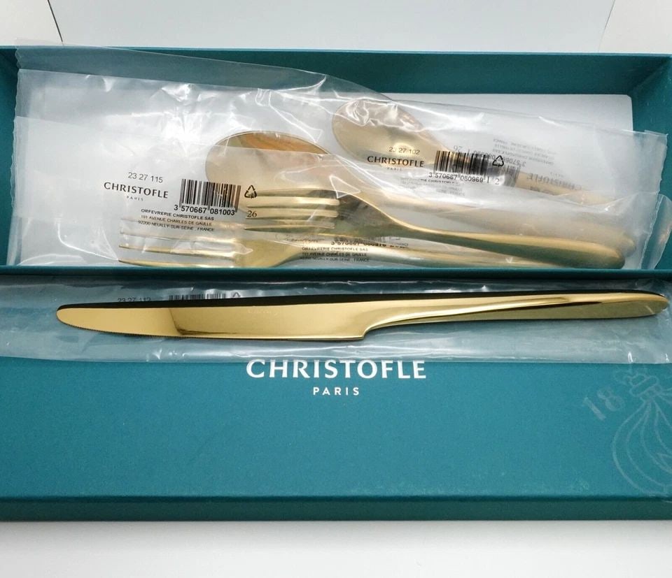 CHRISTOFLE L'AME GOLD STAINLESS STEEL 5 PIECE PLACE SETTING SET - NEW #Q7: CHRISTOFLE L'AME GOLD STAINLESS STEEL 5 PIECE PLACE SETTING SET - NEW #Q7 Christofle L'ame Gold Plated Stainless Steel 5 Piece Place Setting Flatware SetThe individual flatware are as follow: 1 desser