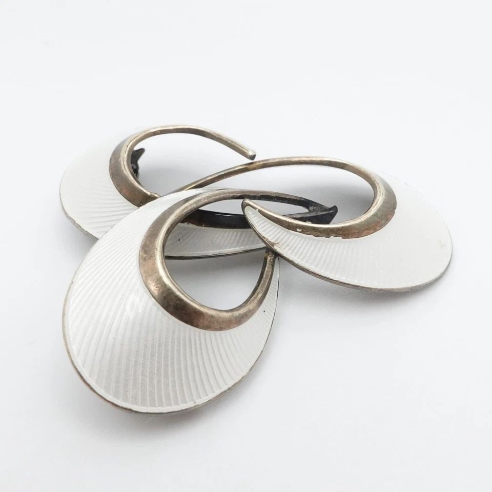 HROAR PRYDZ STERLING SILVER NORWAY GUILLOCHE WHITE ENAMEL MODERNIST BROOCH PIN (1 of 2)