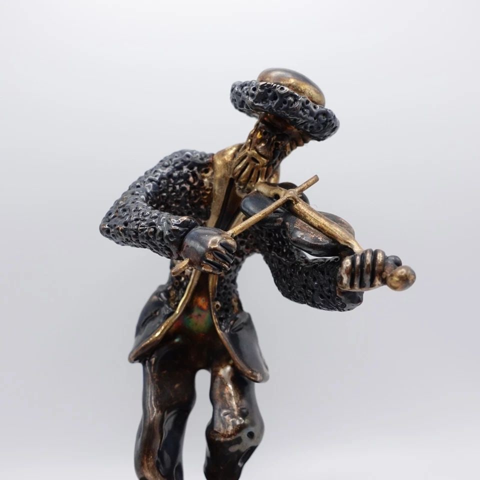 BEN ZION ISRAEL STERLING SILVER MAN PLAYING FIDDLER FIGURINE BLAMARBLE BASE - 7": BEN ZION ISRAEL STERLING SILVER MAN PLAYING FIDDLER FIGURINE BLAMARBLE BASE - 7" Ben Zion Israel Sterling Silver Man Playing Fiddler Figurine w. Marble Base Height - 7" Base Length - 3" Base Width - 2