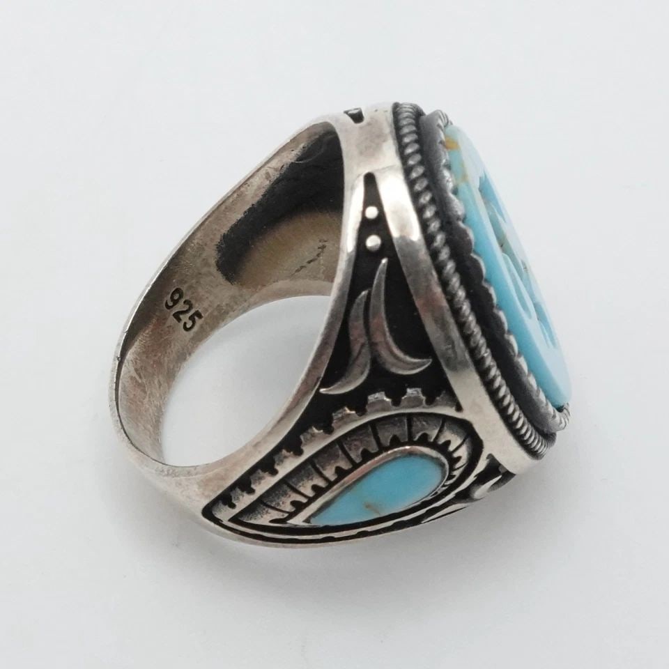 KH STERLING SILVER ANCHOR MOTIF TURQUOISE INLAY OVAL STATEMENT RING SIZE 10.5 (1 of 2)