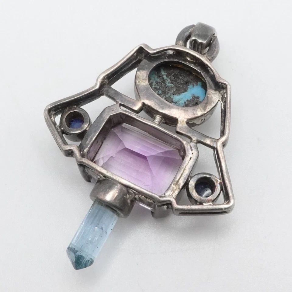 STERLING SILVER MULTI GEMSTONE TURQUOISE AMETHYST IOLITE TOPAZ PENDANT 2" (1 of 1)