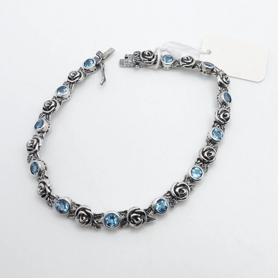 OR PAZ STERLING SILVER BLUE TOPAZ ROSE FLOWER CHAIN BRACELET - 7.5" LONG NWT (1 of 2)