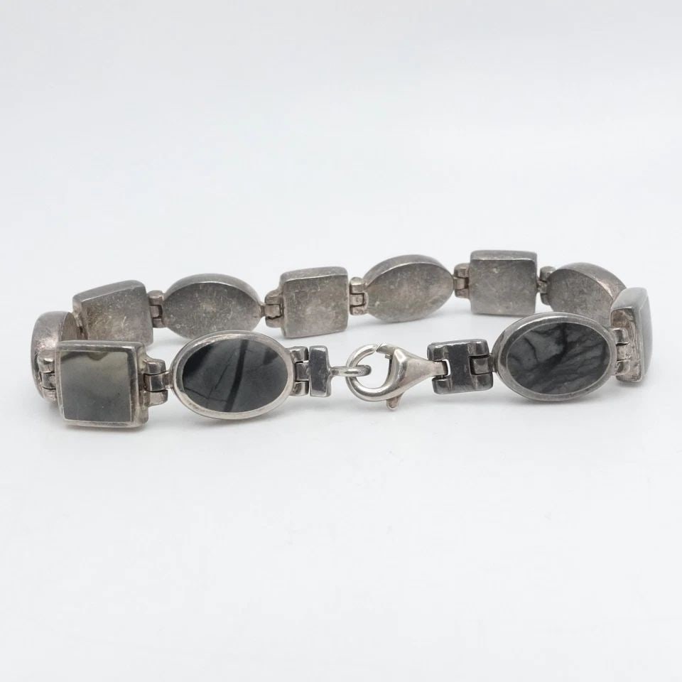 SIGNED PB STERLING SILVER OVAL & SQUARE AGATE CHAIN LINK BRACELET SIZE 7.5" LONG (1 of 2)