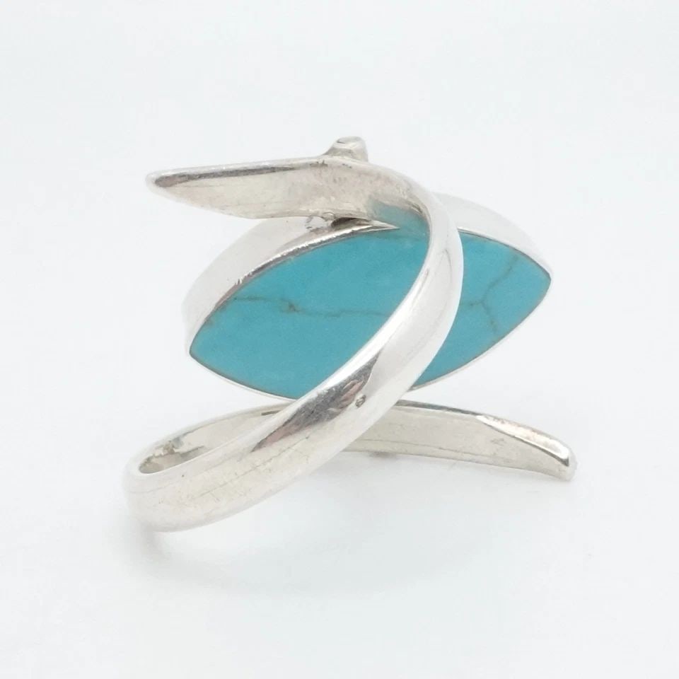 HCB STERLING SILVER MEXICO MOTHER OF PEARL TURQUOISE FLIP DOUBLE RING SIZE 8.75: HCB STERLING SILVER MEXICO MOTHER OF PEARL TURQUOISE FLIP DOUBLE RING SIZE 8.75 Signed HCB Sterling Silver Mother of Pearl & Turquoise Flip Double Ring Size - 8.75 Band Width - 3mm Height - 20mm Gemst