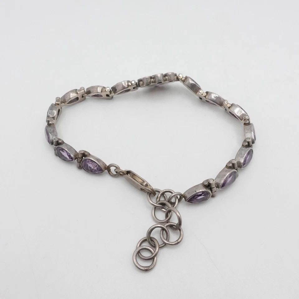 STERLING SILVER AMETHYST FLOWER CHAIN ADJUSTABLE BRACELET 9.25" LONG (1 of 2)