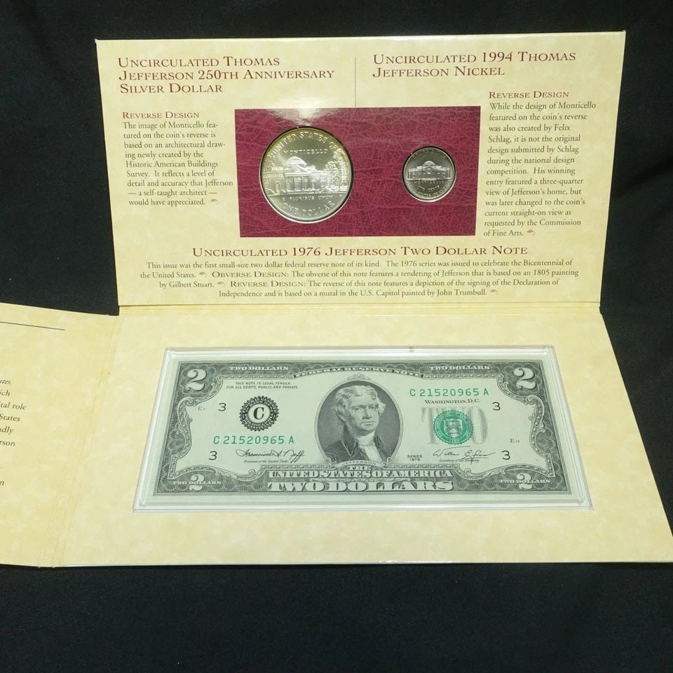 THOMAS JEFFERSON FATHER OF AMERICA DECIMAL COINAGE SYSTEM 2 COIN & 2$ BILL NOTE (1 of 1)
