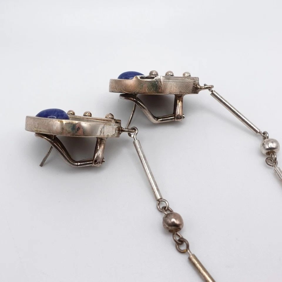 OP SILVER 950 SODALITE GEMSTONE ASYMMETRICAL CLIP-ON STUD DANGLE EARRINGS - 3.5": OP SILVER 950 SODALITE GEMSTONE ASYMMETRICAL CLIP-ON STUD DANGLE EARRINGS - 3.5" OP Silver 950 Sodalite Gemstone Clip-On Stud Dangle Earrings Height - 3.5" Length - 1" Total Weight - 22.9 Grams