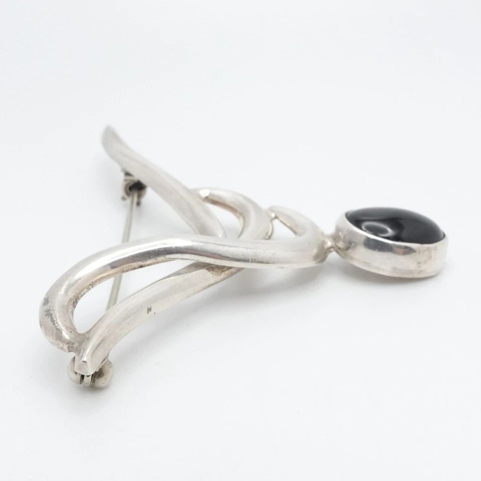 TAXCO STERLING SILVER MEXICO OVAL BLACK ONYX MODERNIST BROOCH PIN (1 of 2)