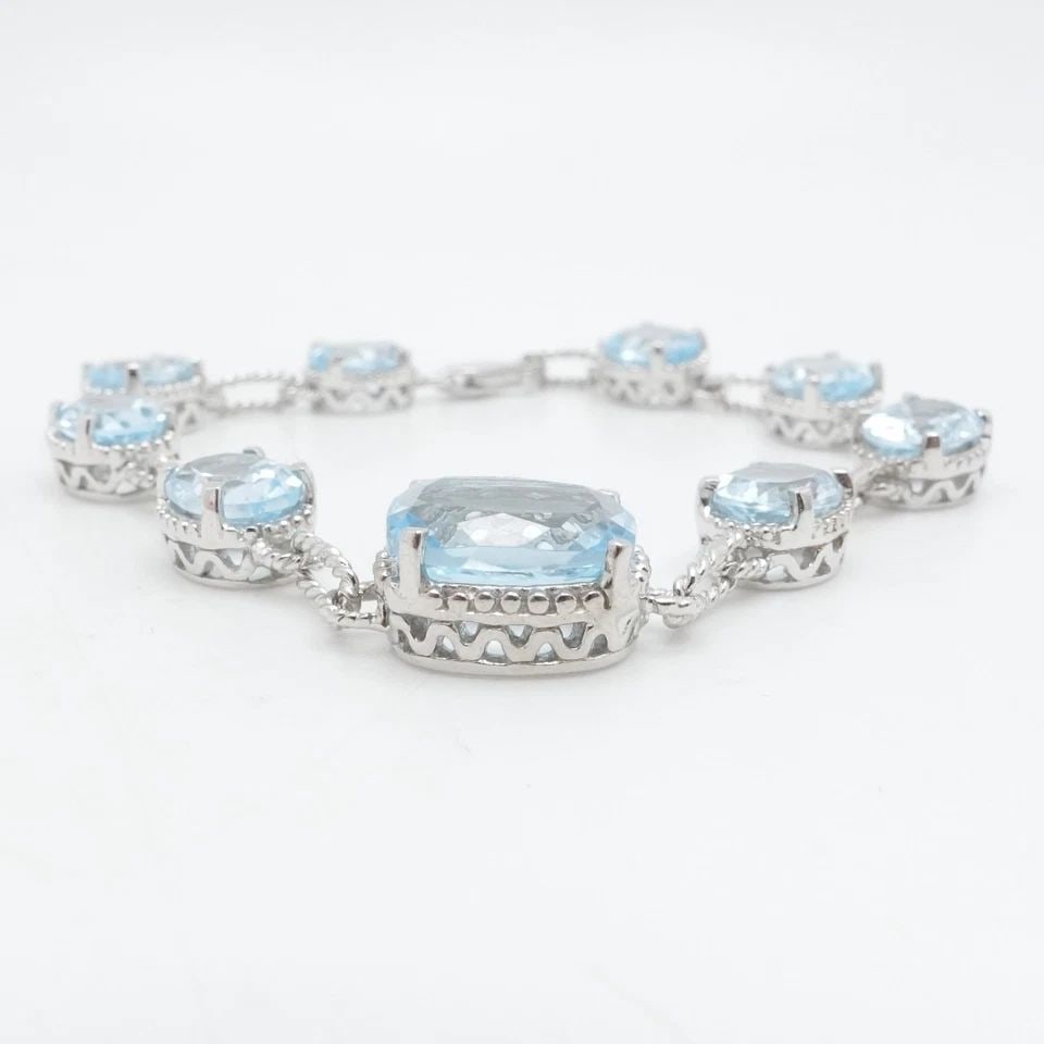 SIGNED QJ STERLING SILVER BLUE TOPAZ CHAIN LINK BRACELET SIZE 7.5" LONG (1 of 2)
