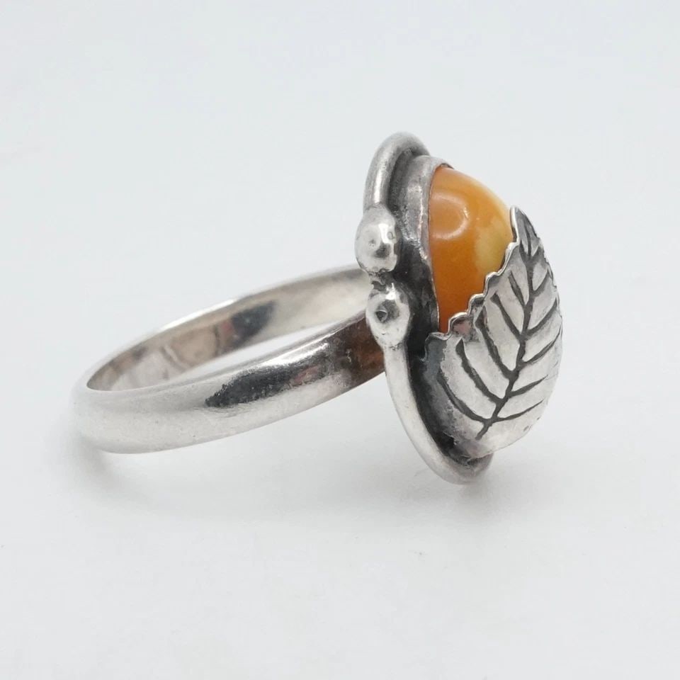 KW SIGNED STERLING SILVER CABOCHON YELLOW GEMSTONE NAVAJO LEAF RING SIZE 7 (1 of 1)
