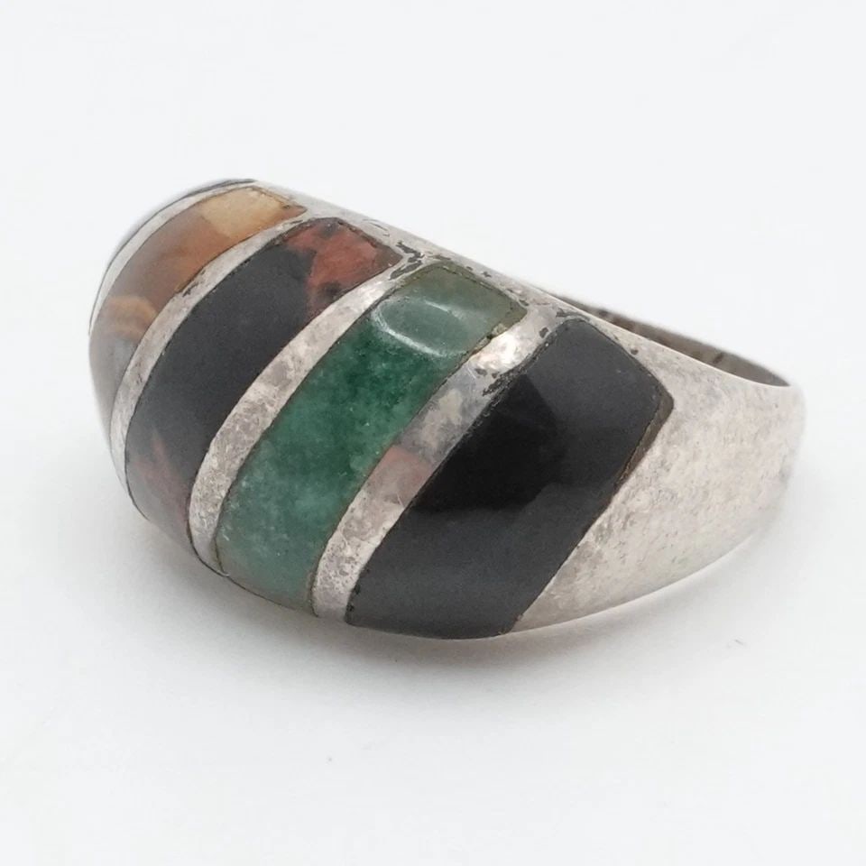 STERLING SILVER MEXICO MULTI GEMSTONE INLAY STRIPE DOME RING SIZE 5.5: STERLING SILVER MEXICO MULTI GEMSTONE INLAY STRIPE DOME RING SIZE 5.5 Sterling Silver Mexico Multi Gemstone Inlay Stripe Dome Ring Size - 5.5 Band Width - 2.5mm Height - 11.5mm Total Weight - 6.1Grams