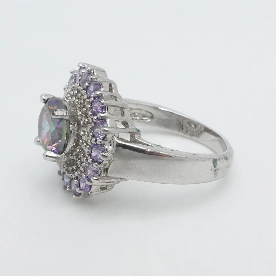 STERLING SILVER ROUND MYSTIC TOPAZ & AMETHYST HALO RING 6.25 (1 of 2)