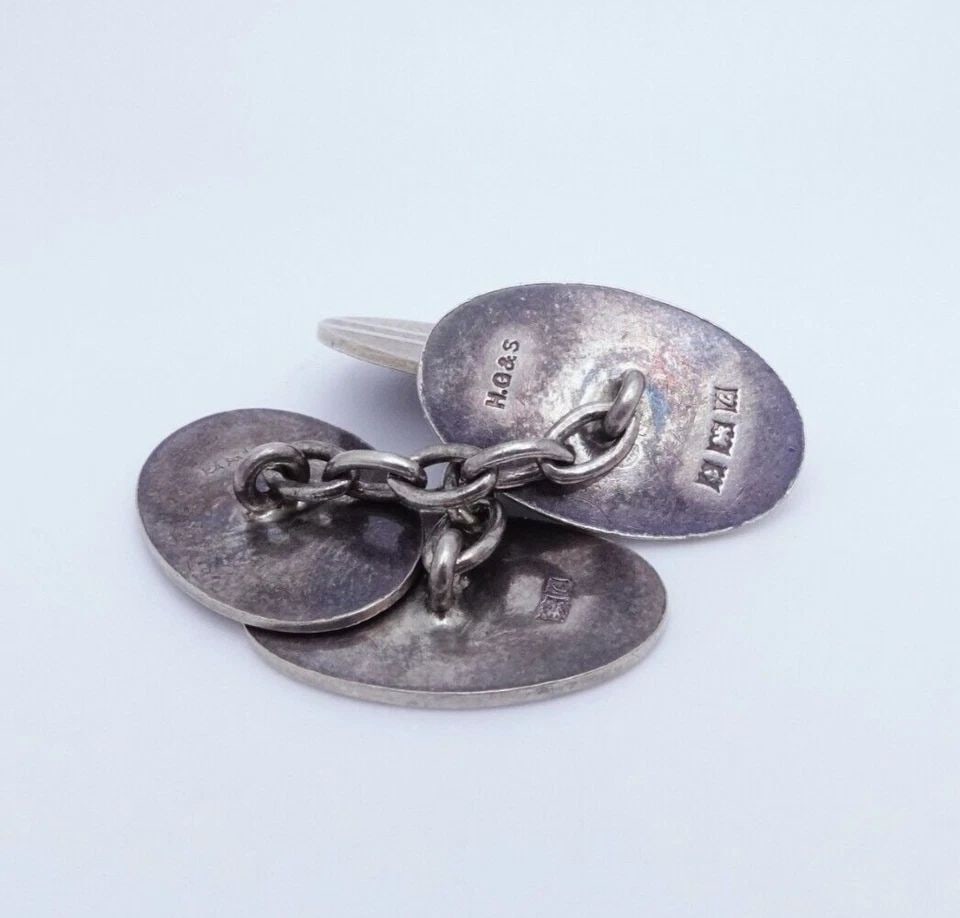 HG&S BIRMINGHAM STERLING SILVER CUFFLINKS VINTAGE ART DECO OVAL CHAIN CUFFLINKS (1 of 2)