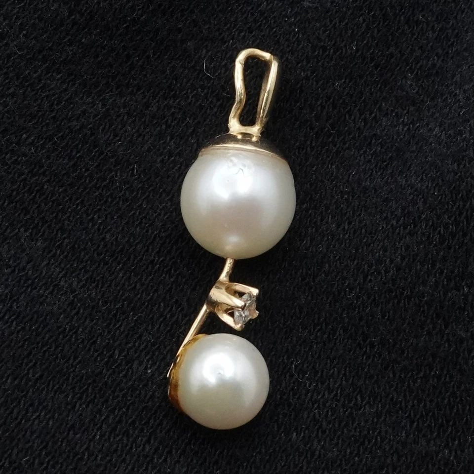 YELLOW GOLD PLATED DOUBLE PEARL DIAMOND ACCENT CHARM PENDANT 1" (1 of 1)