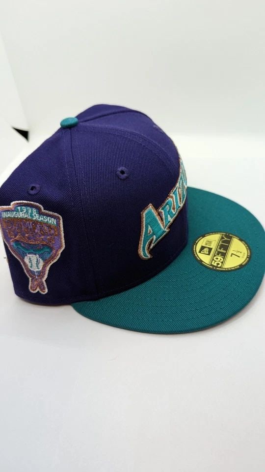 NEW ERA 59FIFTY ARIZONA DIAMONDBACKS INAUGURAL PATCH JERSEY HAT - 7 1/2 - NEW: NEW ERA 59FIFTY ARIZONA DIAMONDBACKS INAUGURAL PATCH JERSEY HAT - 7 1/2 - NEW Hat Club New Era 59Fifty Arizona Diamondbacks Inaugural Patch Jersey Hat Purple, Teal Hat Size - 7 1/2 BRAND NEW