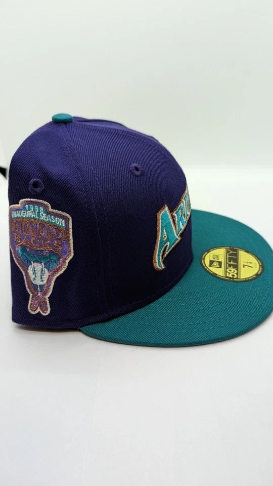 NEW ERA 59FIFTY ARIZONA DIAMONDBACKS INAUGURAL PATCH JERSEY HAT - 7 1/4 - NEW: NEW ERA 59FIFTY ARIZONA DIAMONDBACKS INAUGURAL PATCH JERSEY HAT - 7 1/4 - NEW Hat Club New Era 59Fifty Arizona Diamondbacks Inaugural Patch Jersey Hat Purple, Teal Hat Size - 7 1/4 BRAND NEW