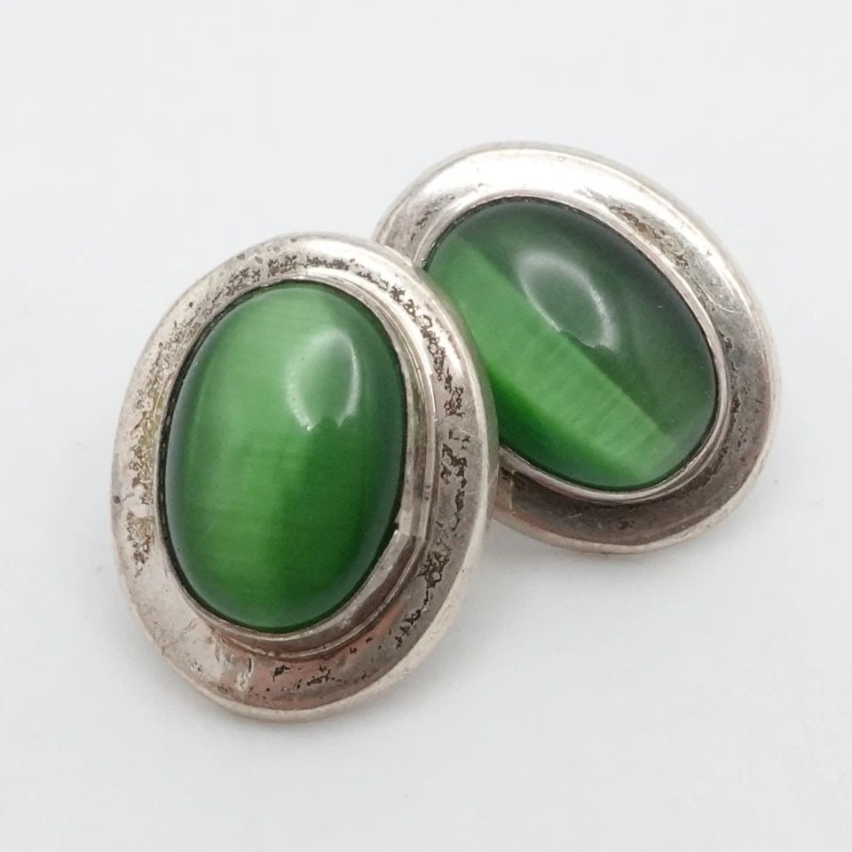 TAXCO STERLING SILVER CABOCHON CHRYSOBERYL CAT EYE EARRINGS (1 of 1)