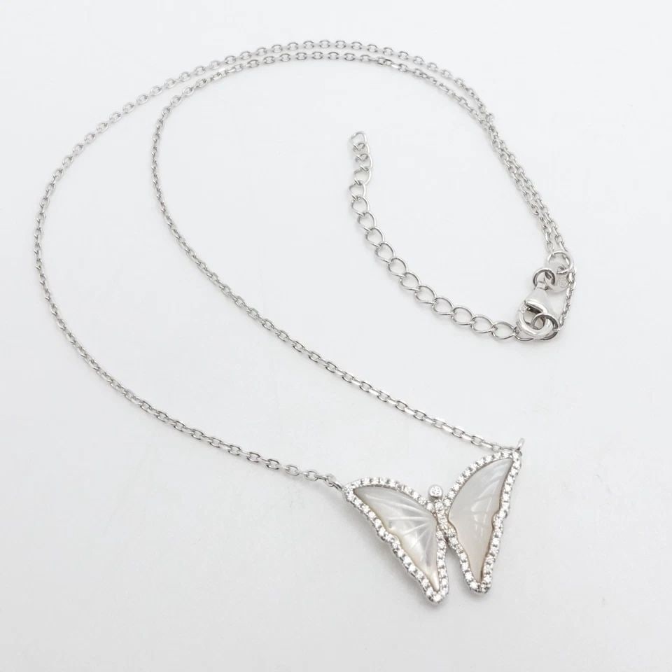 STERLING SILVER BUTTERFLY MOTHER OF PEARL INLAY CLEAR CZ NECKLACE 15.5": STERLING SILVER BUTTERFLY MOTHER OF PEARL INLAY CLEAR CZ NECKLACE 15.5" Sterling Silver Butterfly Mother of Pearl Inlay Clear Cubic Zirconia Diamond Cut Chain Link Necklace Length - 15.5" - 17.5" Chai