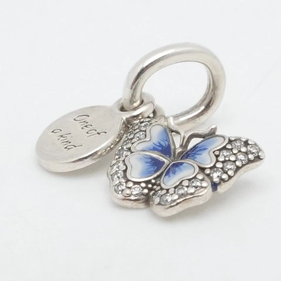 PANDORA STERLING SILVER ENAMEL BLUE BUTTERFLY ONE OF A KIND QUOTE DANGLE CHARM (1 of 2)