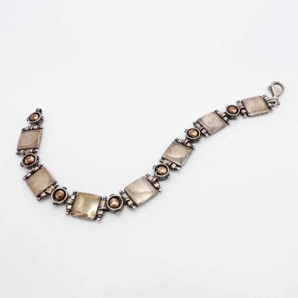 STERLING SILVER SQUARE & ROUND 11MM PANEL LINK CHAIN BRACELET - 7.75" LONG (1 of 2)