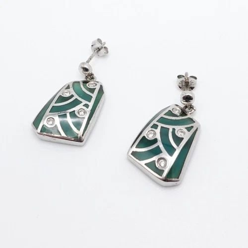 STERLING SILVER CLEAR CUBIC ZIRCONIA CLEAR CZ GREEN GEOMETRIC DANGLE EARRINGS 1" (1 of 1)