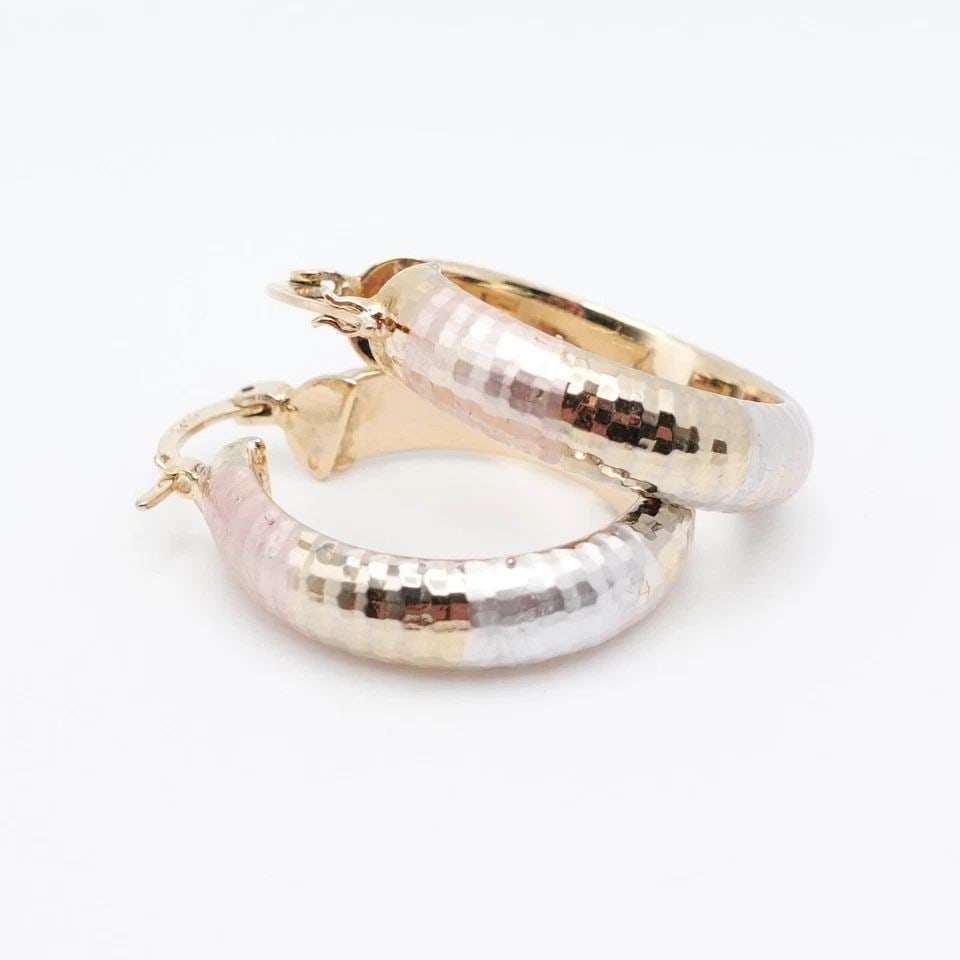 18K MULTI TONE GOLD PLATED STERLING SILVER TRI COLOR HAMMERED HOOP EARRINGS 1" (1 of 2)