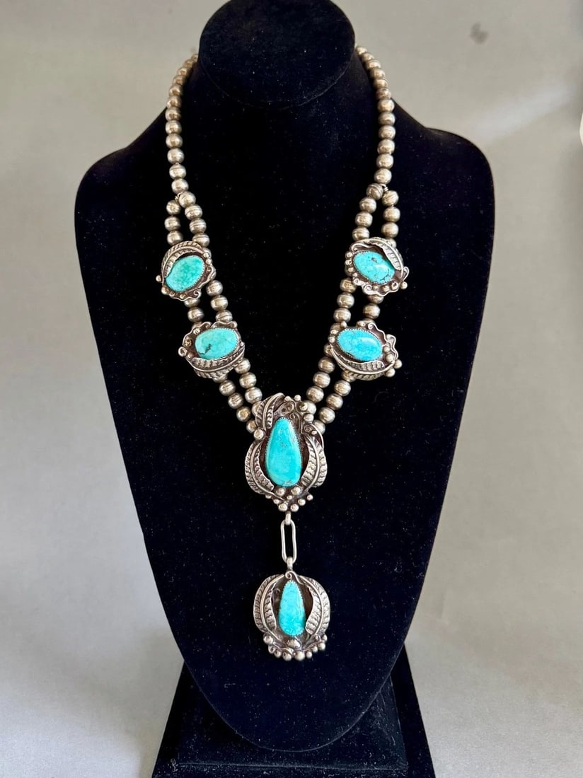 WADDIE CRAZYHORSE - EARLY SILVER BEAD NECKLACE - 6 LARGE TURQUOISE STONES - 20" (1 of 2)