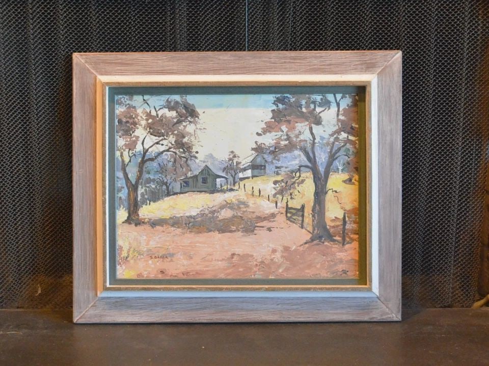 SUZANNE BAKER (1939-) LANDSCAPE OIL PAINTING - KLAMATH MEADOWS CALIFORNIA: SUZANNE BAKER (1939-) LANDSCAPE OIL PAINTING - KLAMATH MEADOWS CALIFORNIA This landscape painting is of an old homestead in Klamath Meadows, California. It was done by California artist Suzanne Baker 