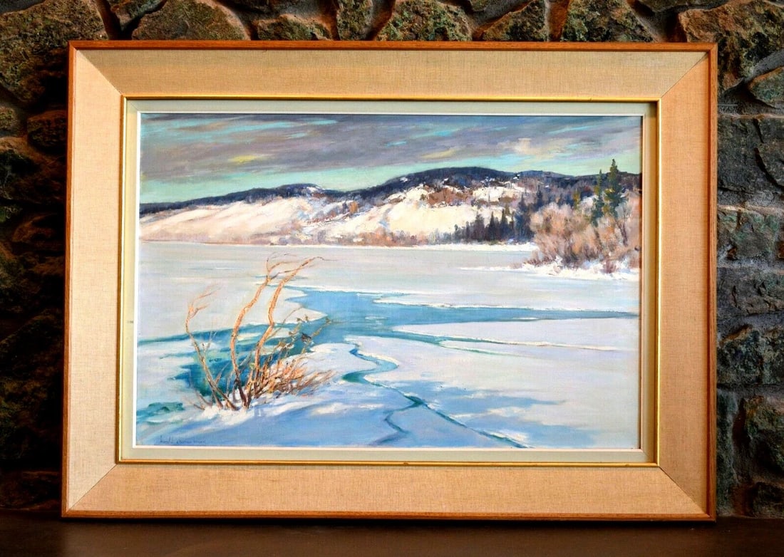 HAROLD CHARLES BOYES PAINTING SNOW LANDSCAPE MOUNTAINS OTTAWA RIVER CANADA 1965: HAROLD CHARLES BOYES PAINTING SNOW LANDSCAPE MOUNTAINS OTTAWA RIVER CANADA 1965 Item Description: This winter landscape painting was done by Canadian artist Harold Charles Boyes (1914-1989). This pain