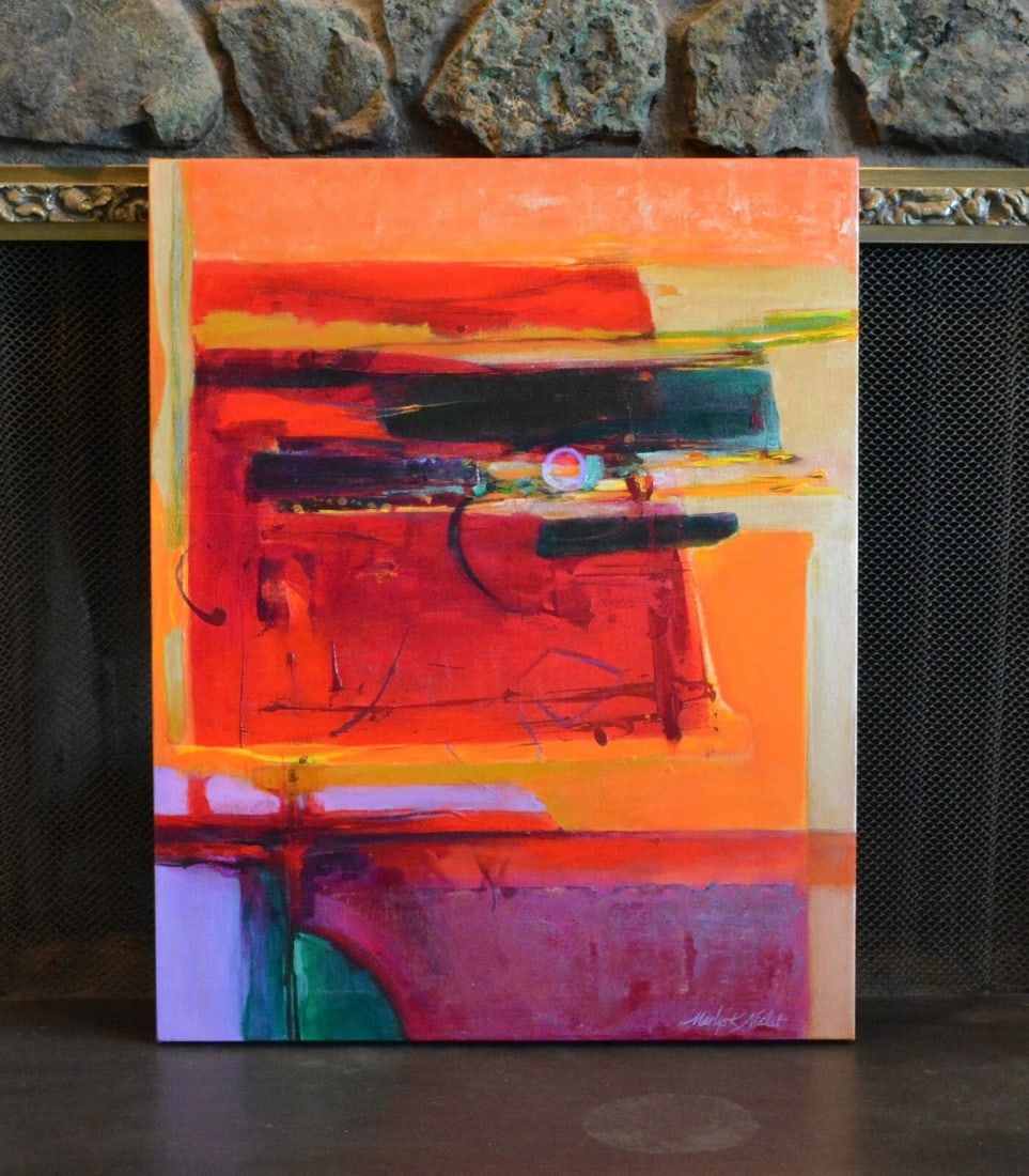 MARLYS K MALLET - ABSTRACT PAINTING - TITLED "MATRIX II" - BRIGHT VIBRANT COLORS: MARLYS K MALLET - ABSTRACT PAINTING - TITLED "MATRIX II" - BRIGHT VIBRANT COLORS Item Description: This vibrant abstract painting, titled Matrix II, was done by Marlys K. Mallet. It is signed on the b