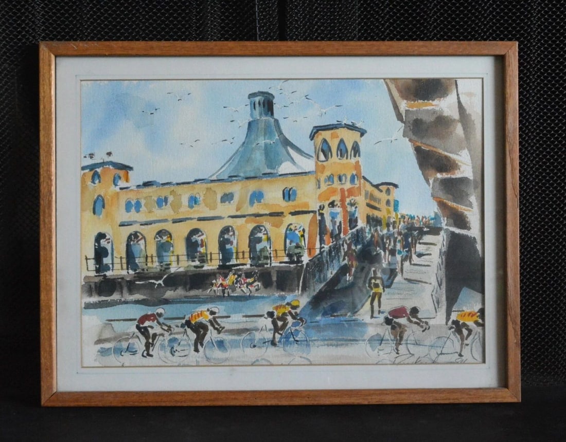 RAYMOND DEEN PACKARD 1933-2020 VENICE CALIF. WC PAINTING BEACH BICYCLE RACE 1984: RAYMOND DEEN PACKARD 1933-2020 VENICE CALIF. WC PAINTING BEACH BICYCLE RACE 1984 This watercolor painting was done by Southern California artist Raymond Packard in 1984. After moving from Ohio in 1976