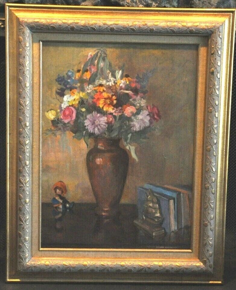 CUNNINGHAM, MILDRED COTNAM (1898-- OIL PAINTING - STILL LIFE -FLOWERS: CUNNINGHAM, MILDRED COTNAM (1898-- OIL PAINTING - STILL LIFE -FLOWERS Item Description: This is a beautiful vintage still life of flowers. It is oil on board. It was done by listed artist Mildred Cunn