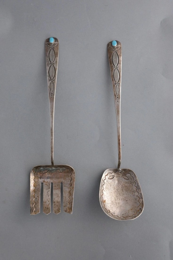 RARE OLD PAWN NAVAJO SILVER STAMPED SPOON FORK SERVING SET - TURQUOISE - 10 1/4": RARE OLD PAWN NAVAJO SILVER STAMPED SPOON FORK SERVING SET - TURQUOISE - 10 1/4" This is a rare large sterling silver Navajo serving set. They have been beautifully crafted, handstamped and set with t