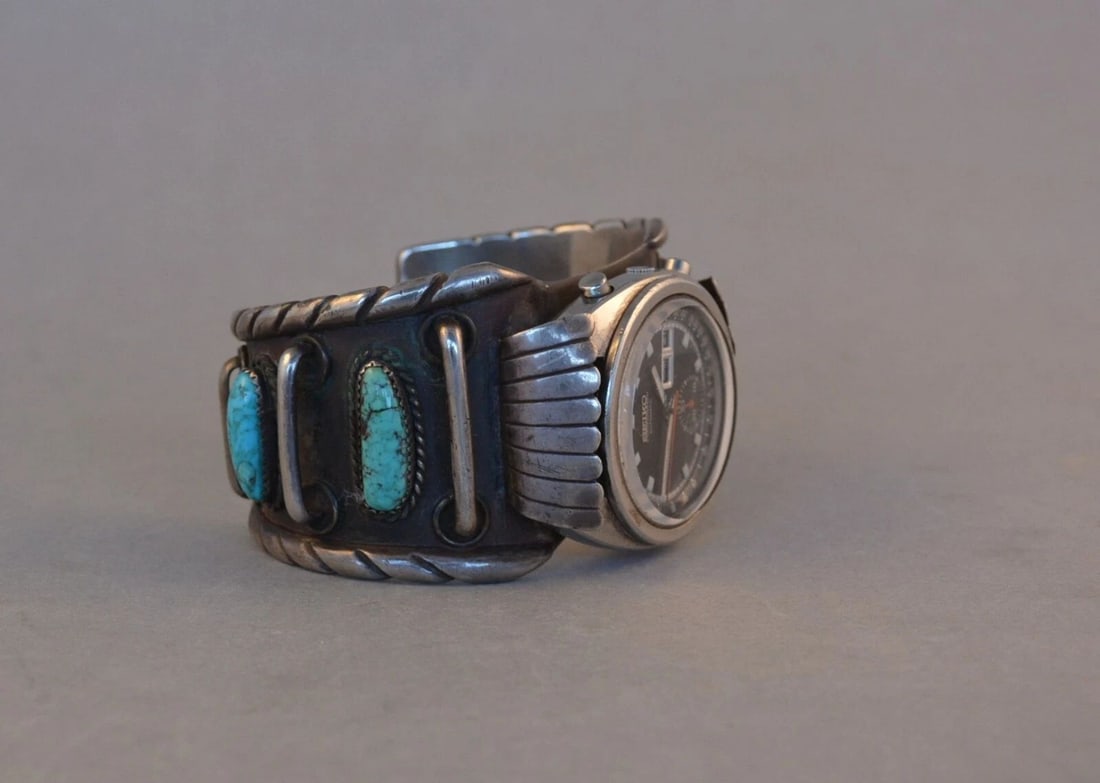 VTG NAVAJO SILVER TURQUOISE MENS WATCH BRACELET CUFF 1970S SEIKO WATCH - 7 1/8" (1 of 1)