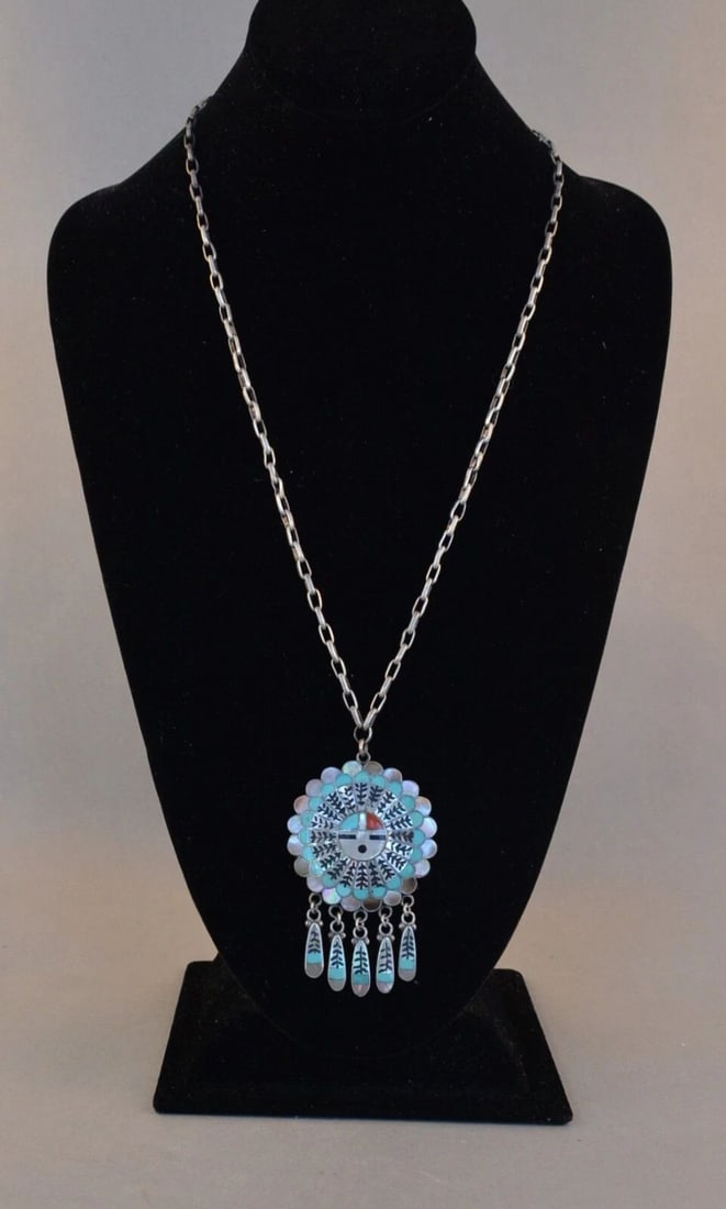 VINTAGE ZUNI SILVER 24.5" NECKLACE W. 3" SUN FACE PENDANT W. DANGLING FEATHERS (1 of 2)