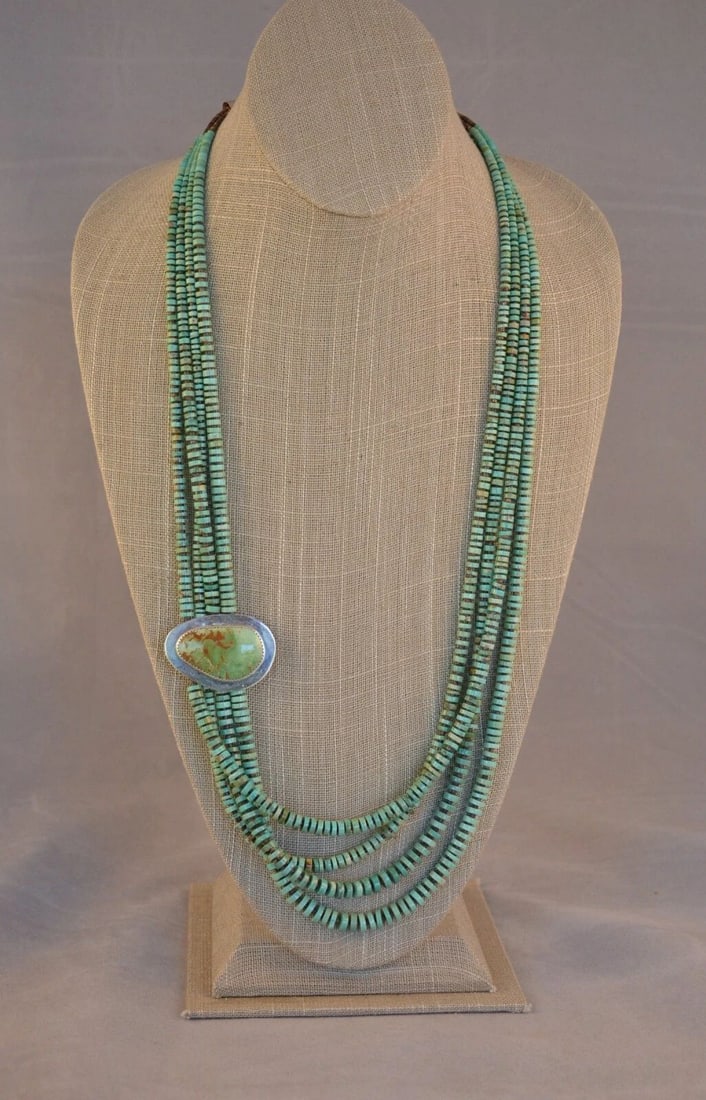 H. NEZ - 4 STRAND CRIPPLE CREEK TURQUOISE NECKLACE - SIDE SILVER PENDANT 28"-31" (1 of 1)