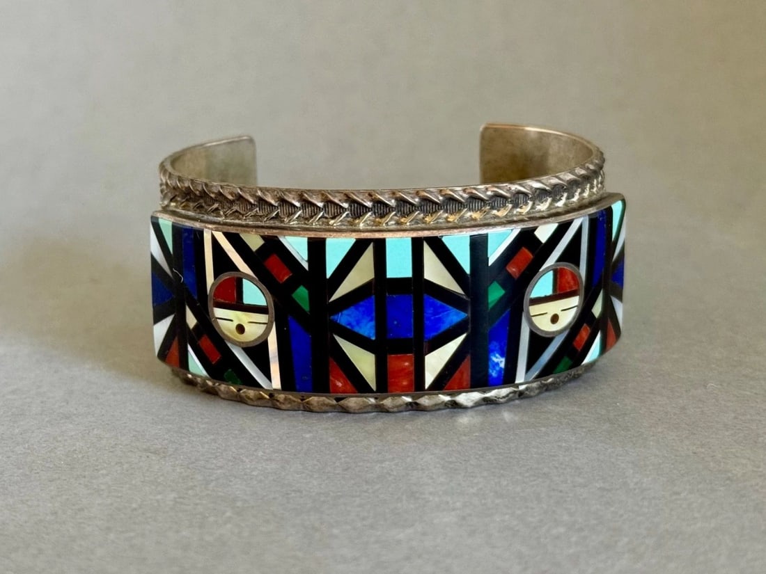 ERNIE OHMSATTE ZUNI STERLING SILVER MULTI STONE INLAY CUFF BRACELET 84 GRAMS (1 of 1)