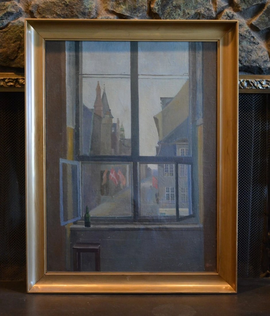 JOHANNES MARTINUS BACH 1866-1943 OIL PAINTING STREET THRU WINDOW DENMARK - 1941 (1 of 1)