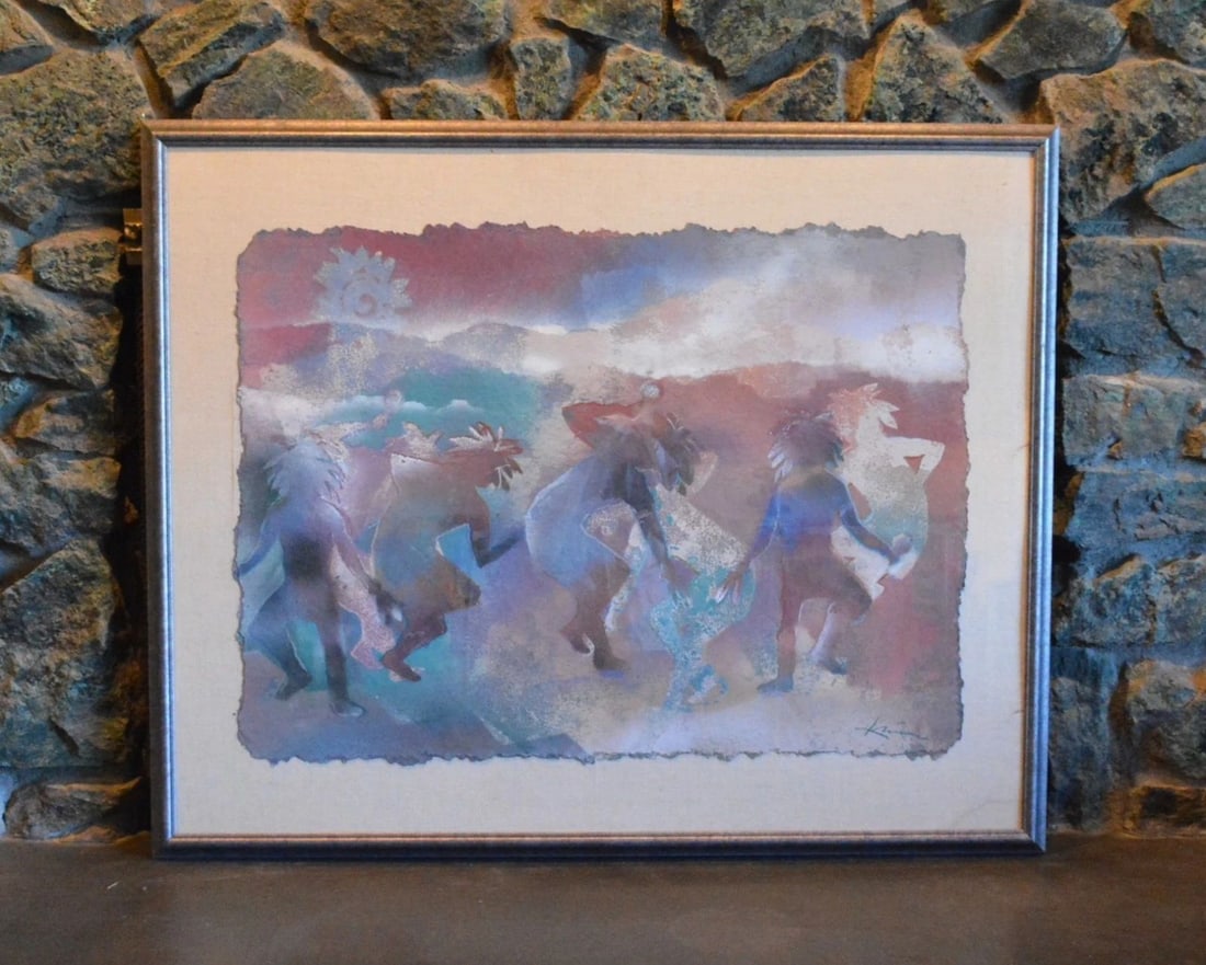 MIXED MEDIA PAINTING - TRANSLUCENT NATIVE AMERICAN DANCERS - TURQUOISE PASTELS (1 of 1)